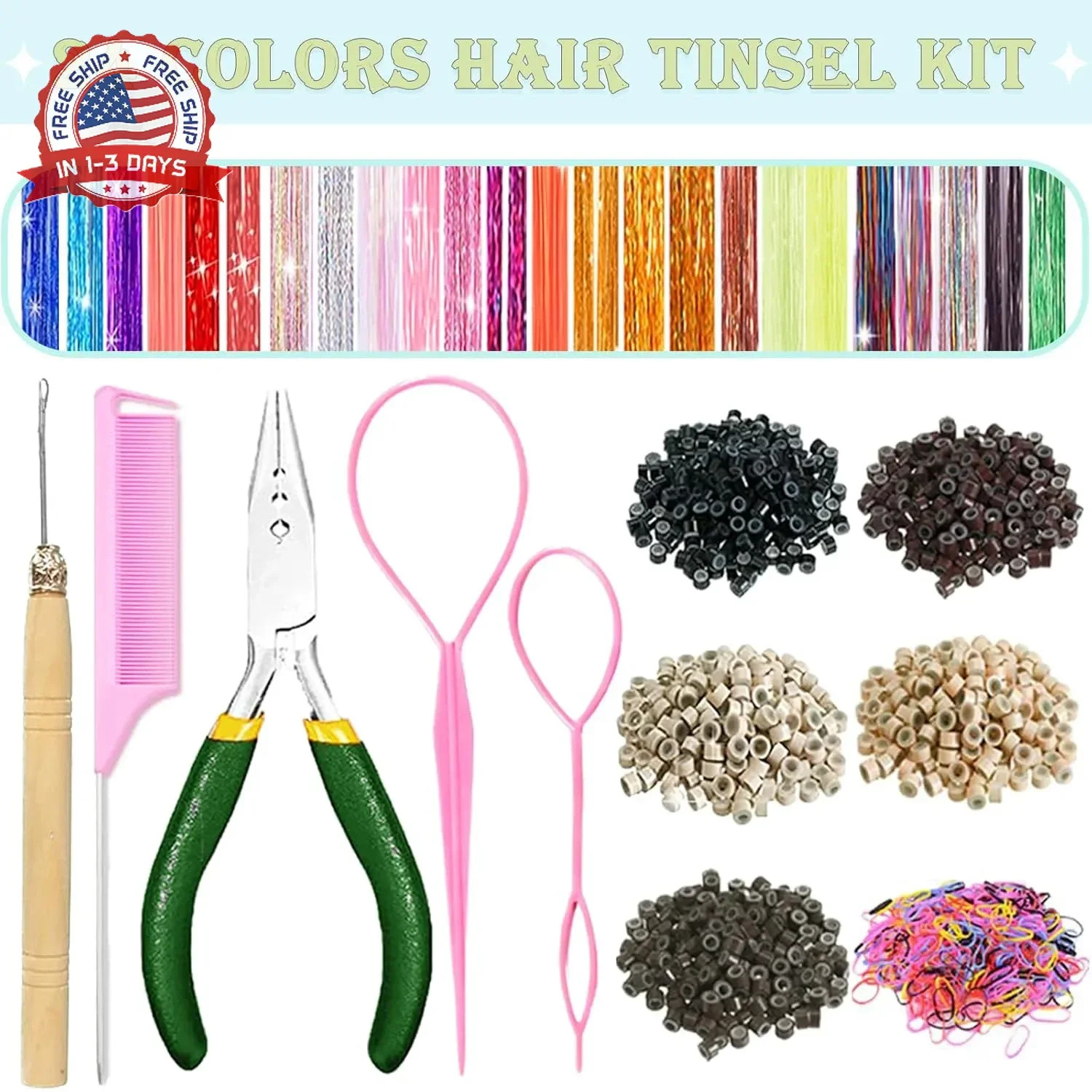 Hair Tinsel,24 Colors Hair Tinsel Kit for Girls 9600 Strands Fairy Tinsel Hair E
