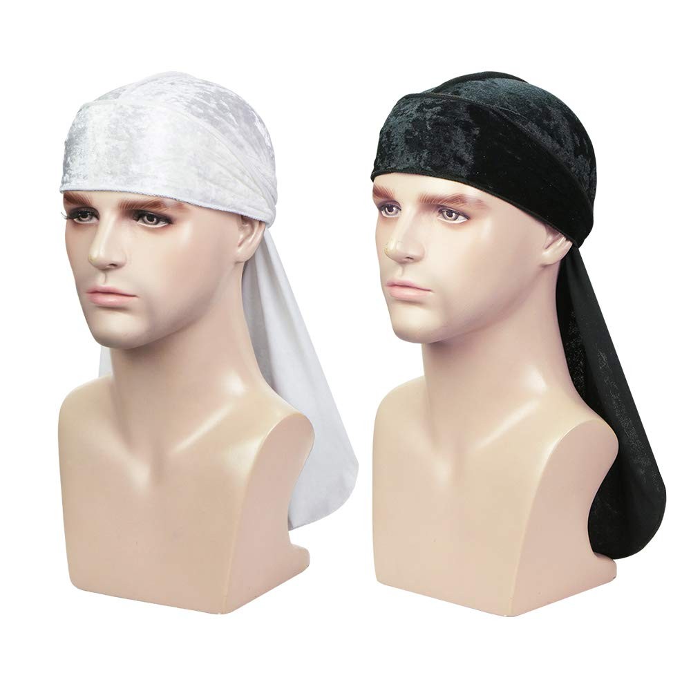 ASHILISIA 2 PCS Crushed Velvet Wave Durag – 1 Count (Pack of 2), Black+white
