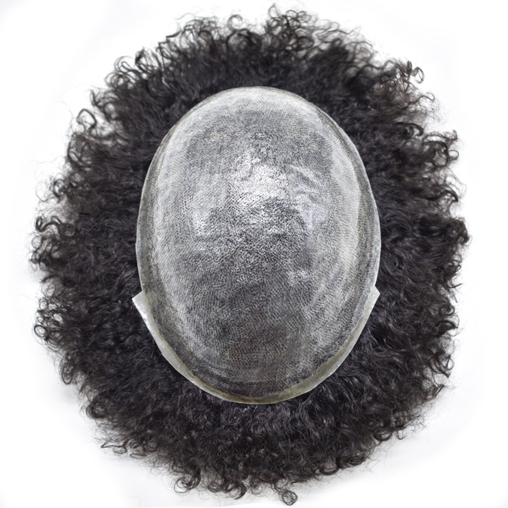 Afro Curl Toupee for Black Men Full PU Human Hair System Kinky Curly Hair Units