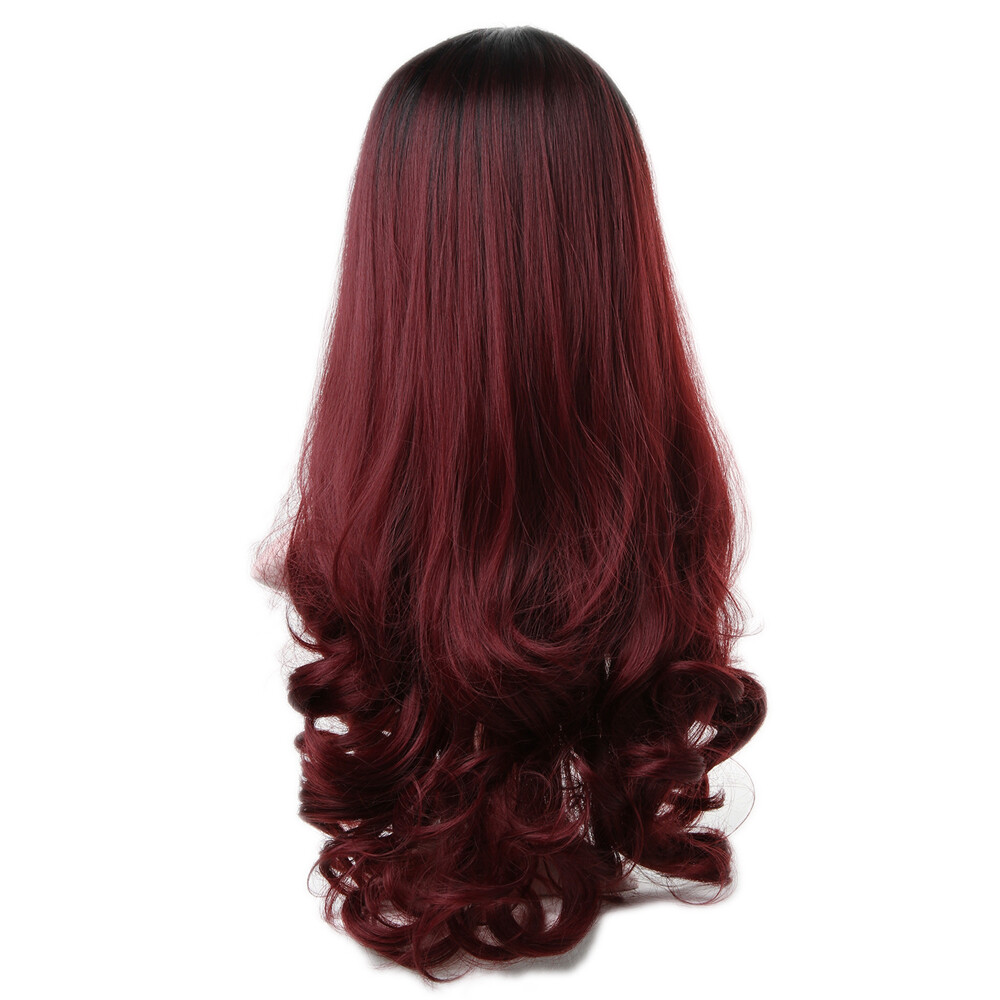 Long Ombre Black root Burg Wavy Synthetic Hair Wig Cos Glueless Wig Heat Safe