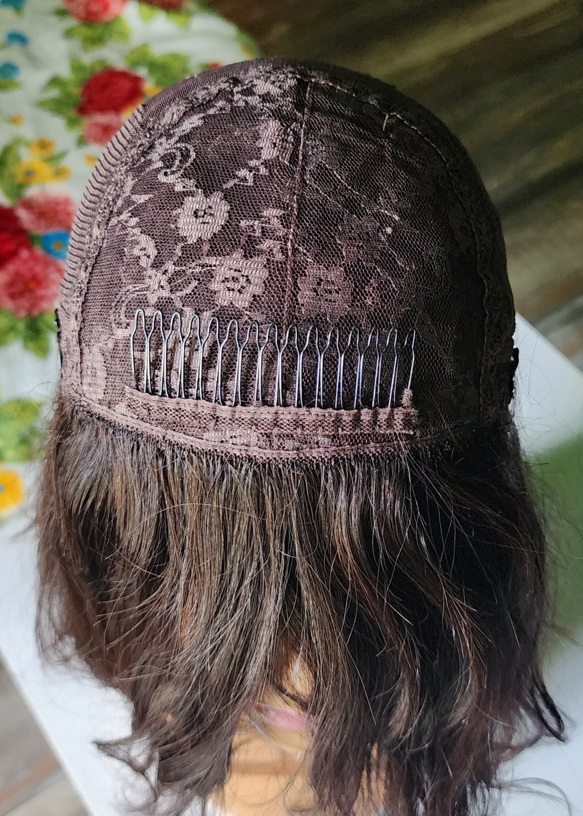 Dark Brown Wavy Layered Human Hair Wig 16 inches Medium Cap, Mono Part