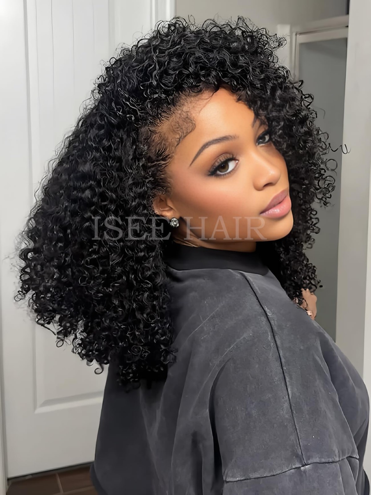 Kinky Curly Half Wig Human Hair 180% Density 16″ Glueless Clip-In Drawstring