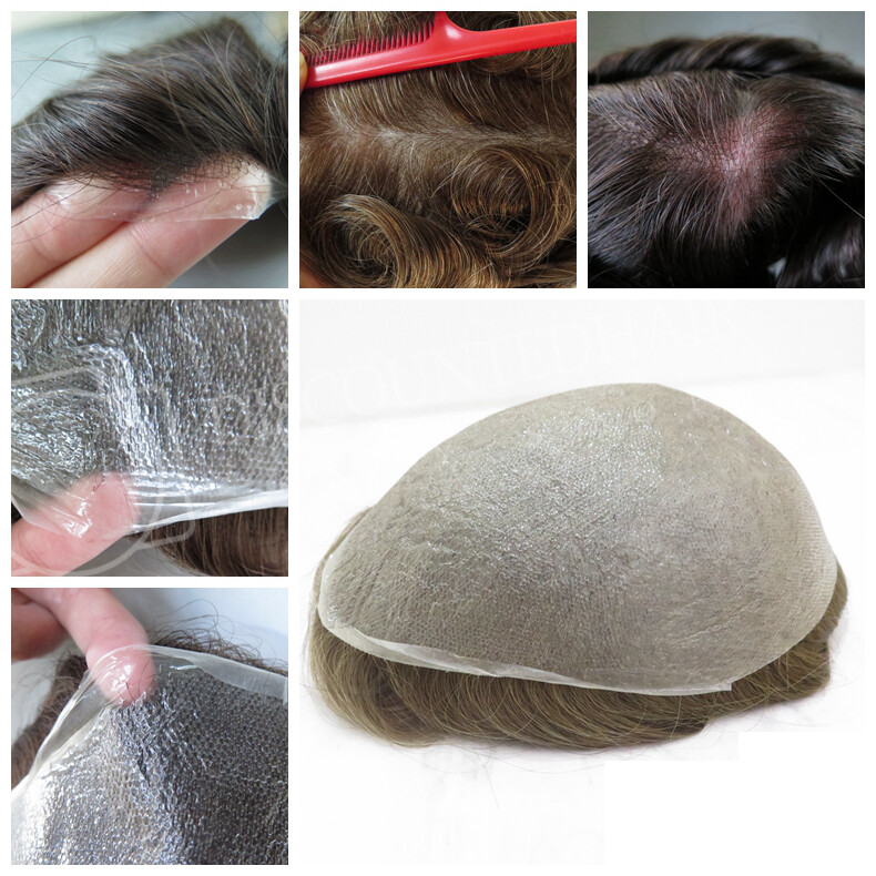 Mens Toupee Hair Replacement Hairpiece V-Loop Super Thin Skin Human Hair Systems
