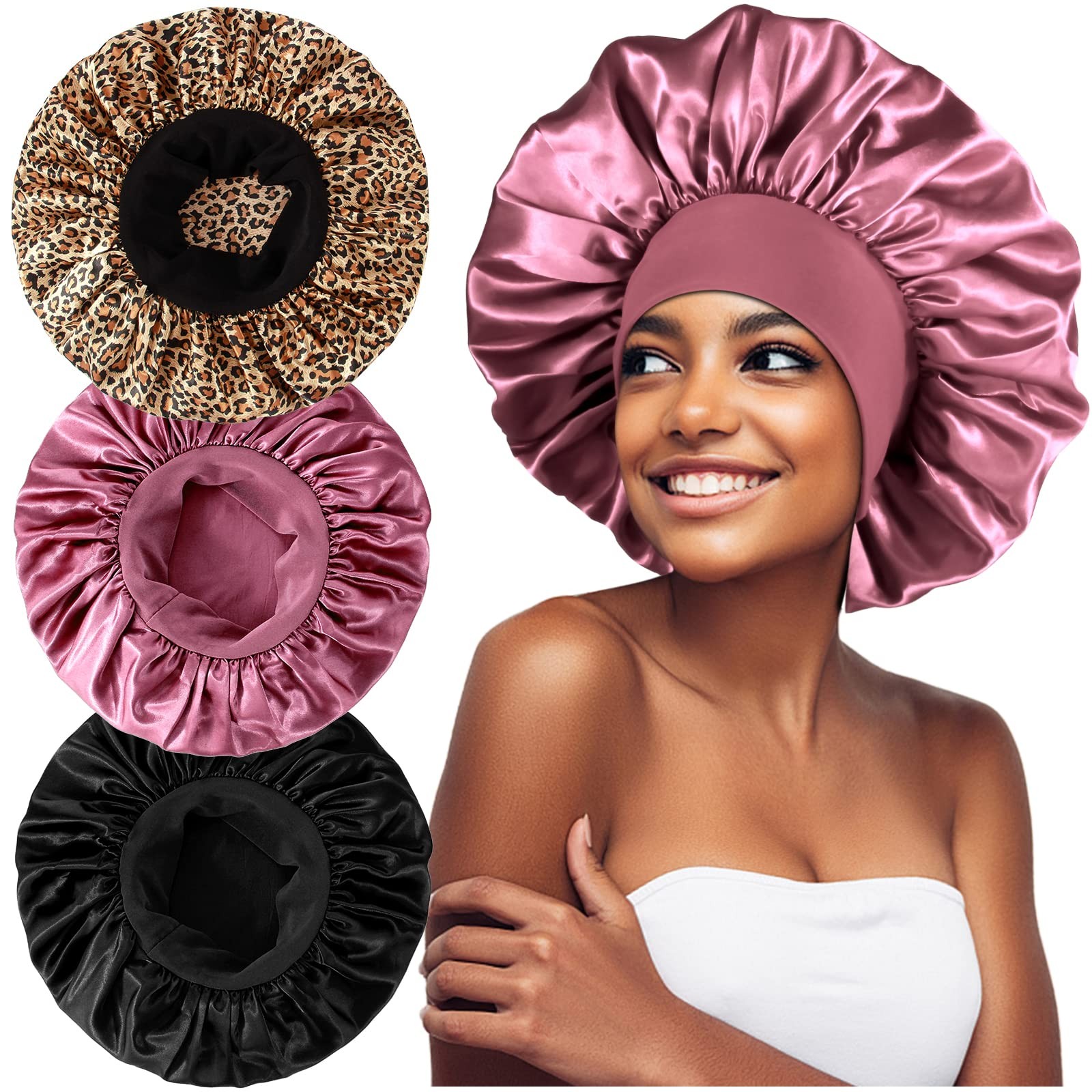 3PCS Extra Large Satin Bonnets for Sleeping, Hair Bonnets for Black Women Bra…