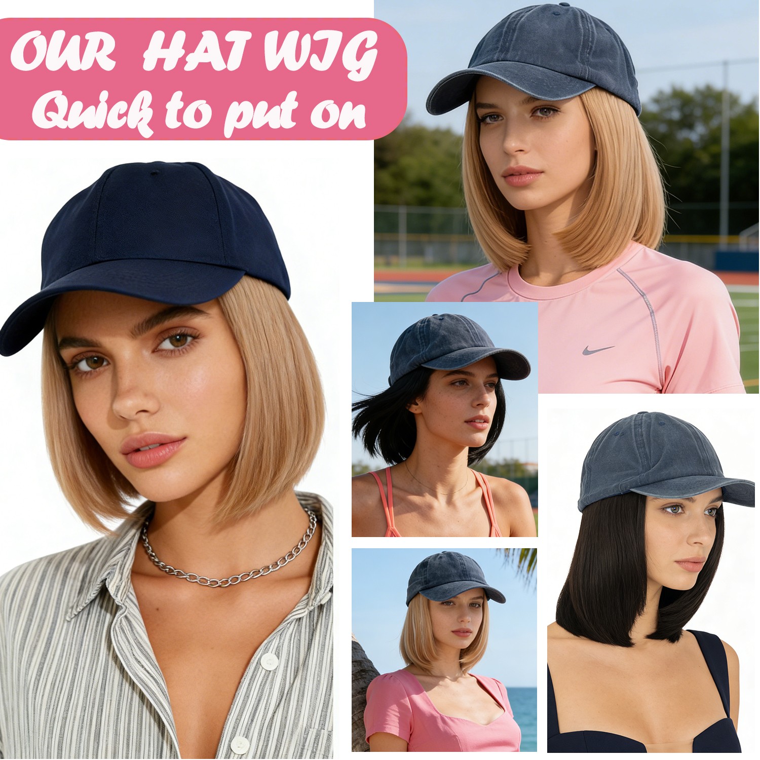 Instant Style 6″ Straight Cap Wig Adjustable Baseball Hat with Attached Hair Wig
