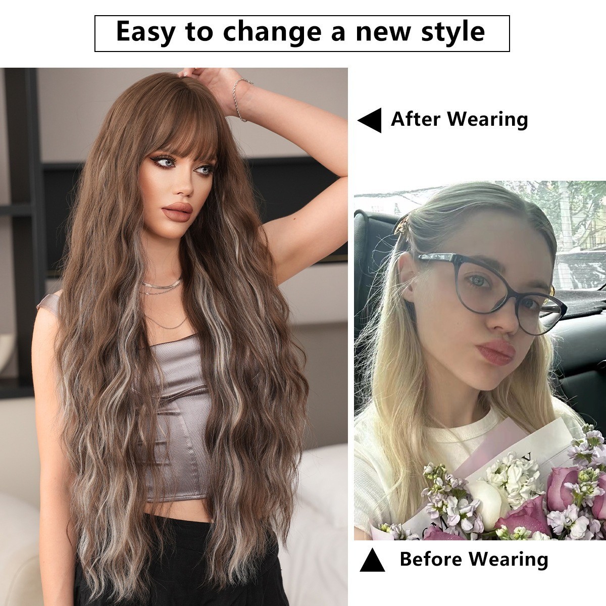 36-inch ultra-long wavy hair with fringe brown highlighted and gray heat-resist