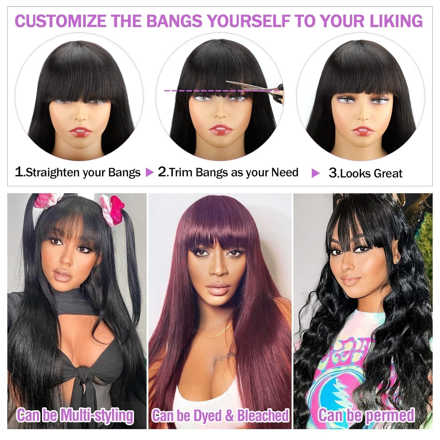 Straight Wigs with Bangs Human Hair Wigs for Black Women None Lace Front Wigs