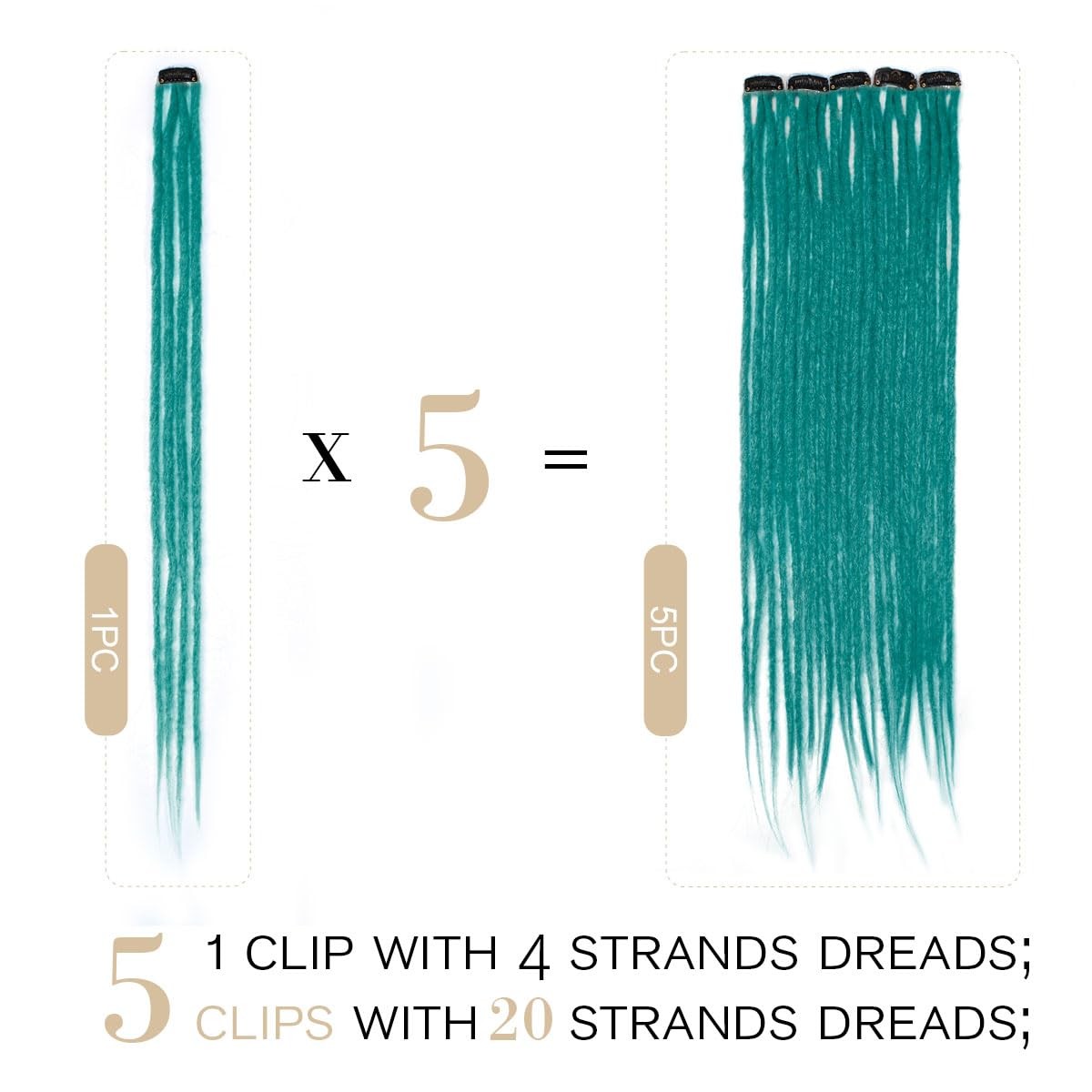 Lounoke 20 Strands 5 Clips In Dreadlock Extensions, 24 inch Teal Green Synthe