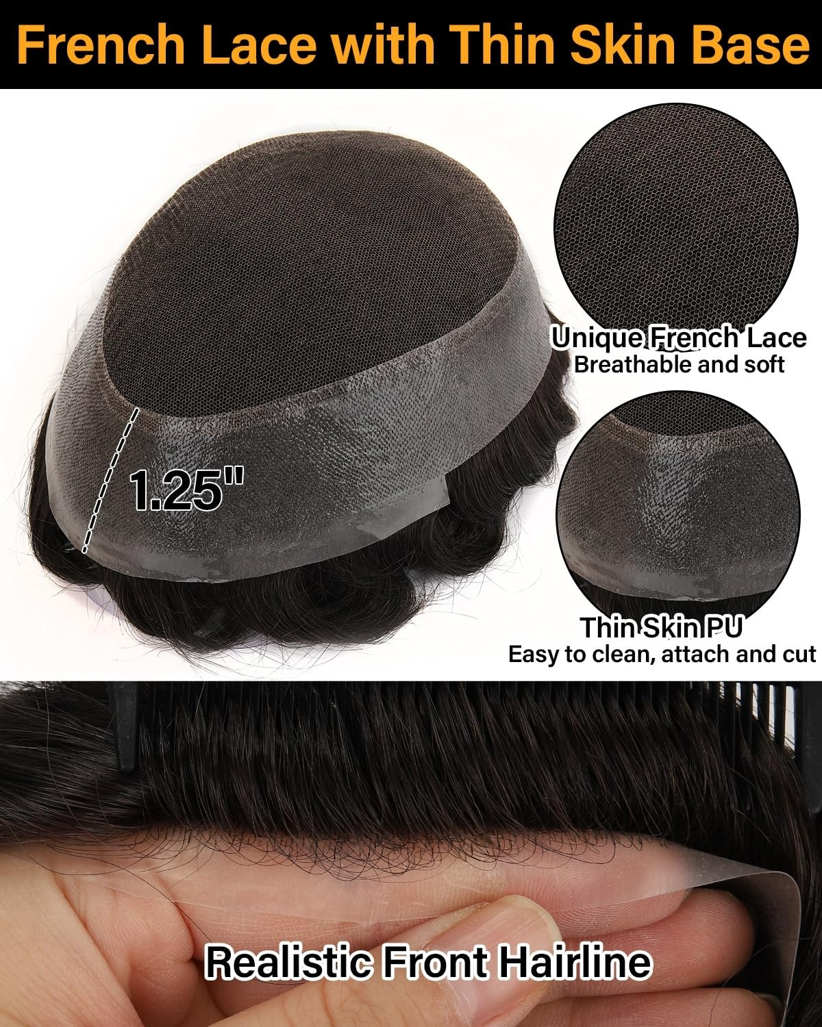 BEEOS Mens Hair Toupee French Lace with Thin Skin 8x10in 130% #1B Natural Black
