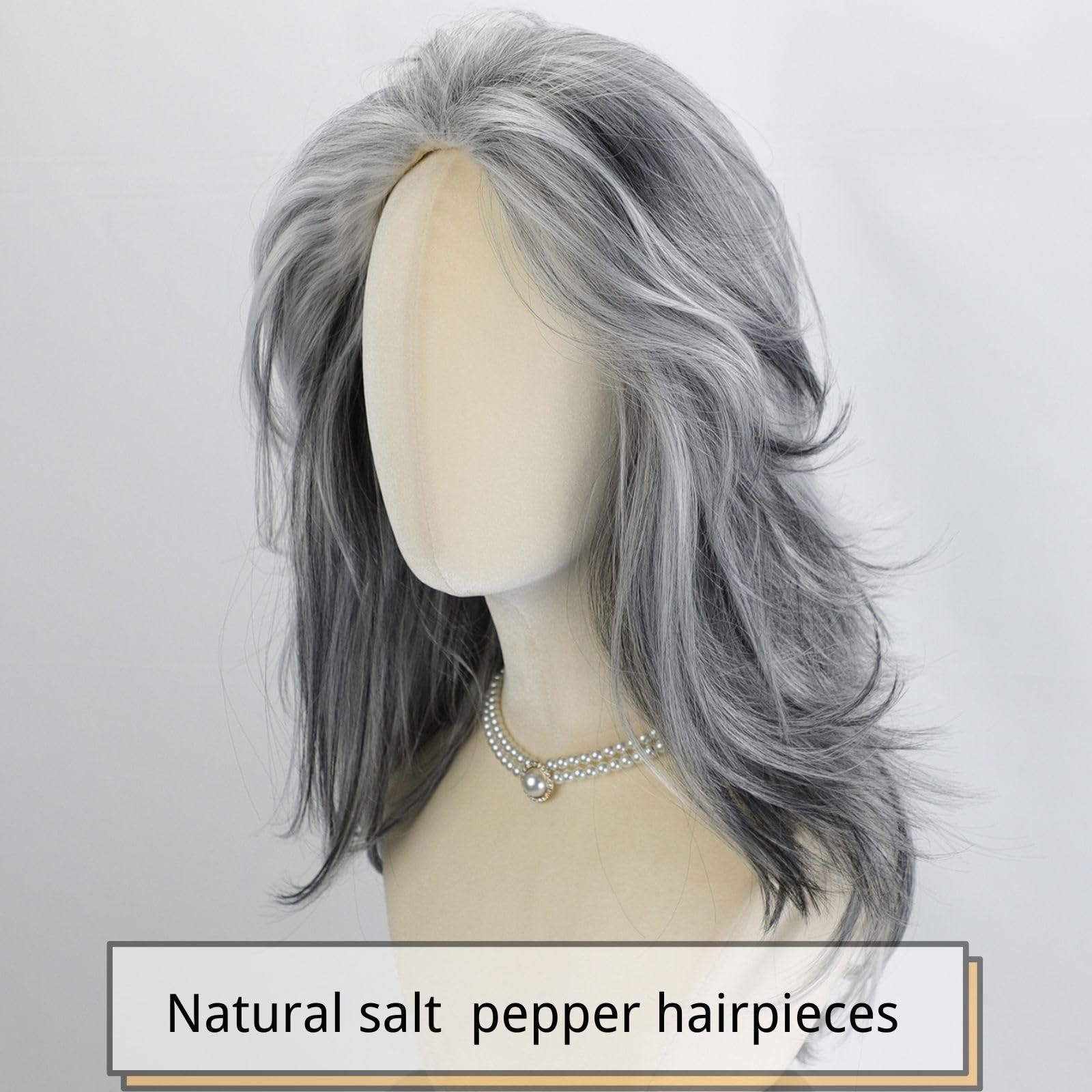 Silver Grey Wigs For White Women 20 Inch Medium-length Wavy Layered Salt Pepp…