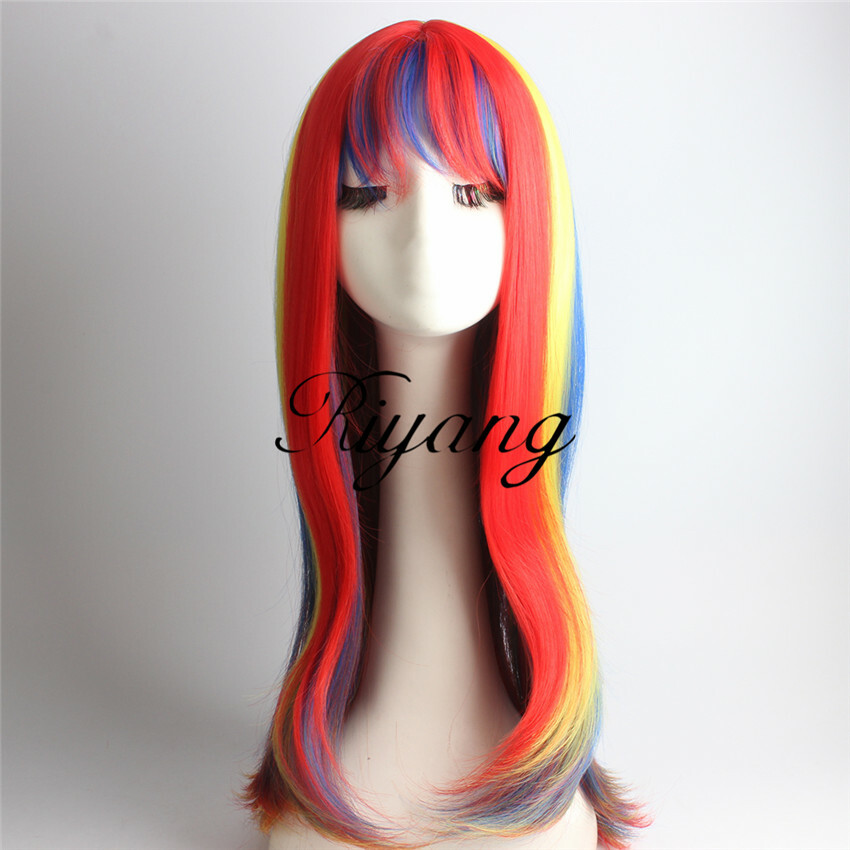 Multi-Color Straight Rainbow Costume Wig with Full Bang Long for Women Synthetic