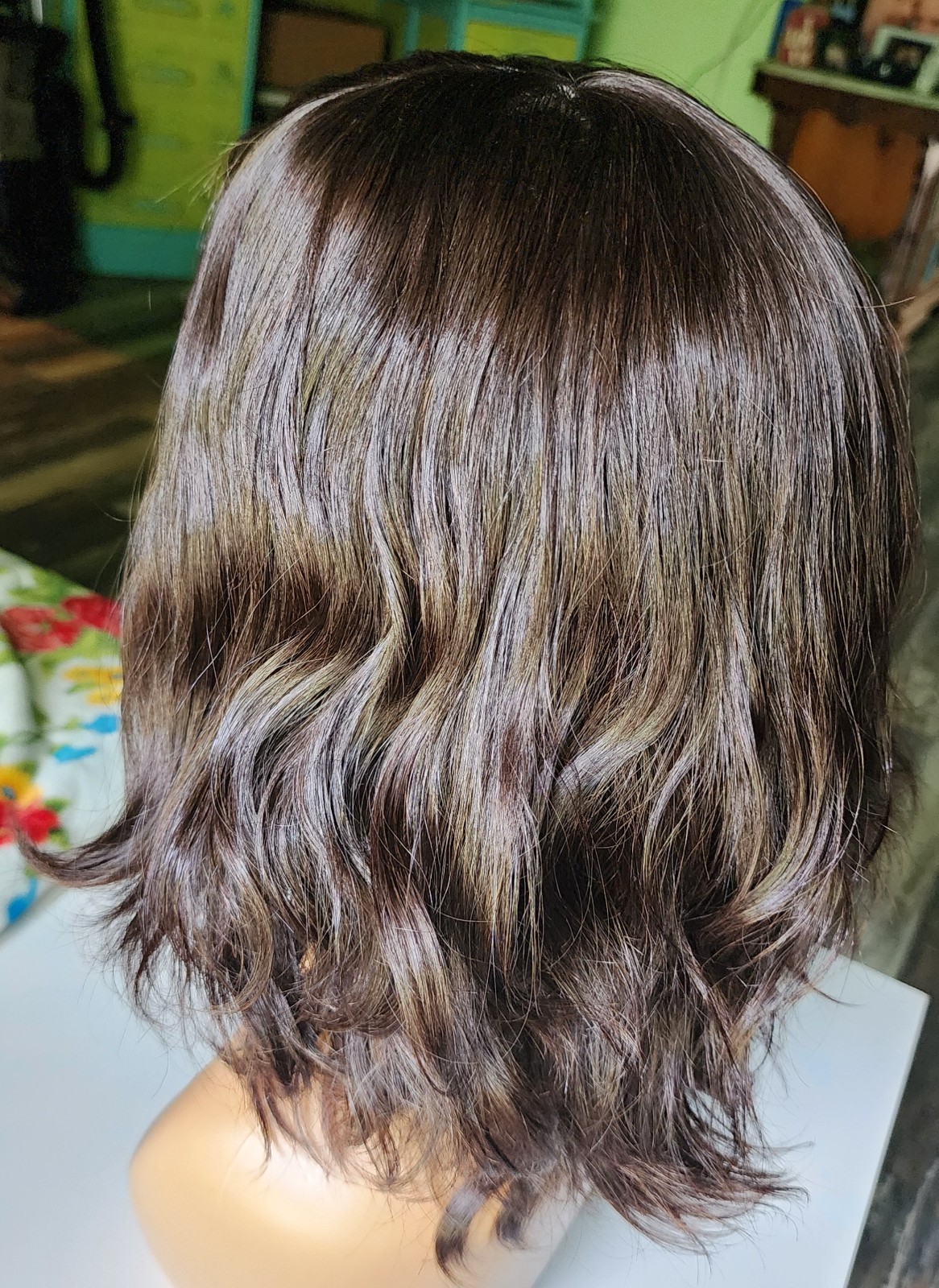 Dark Brown Wavy Layered Human Hair Wig 16 inches Medium Cap, Mono Part