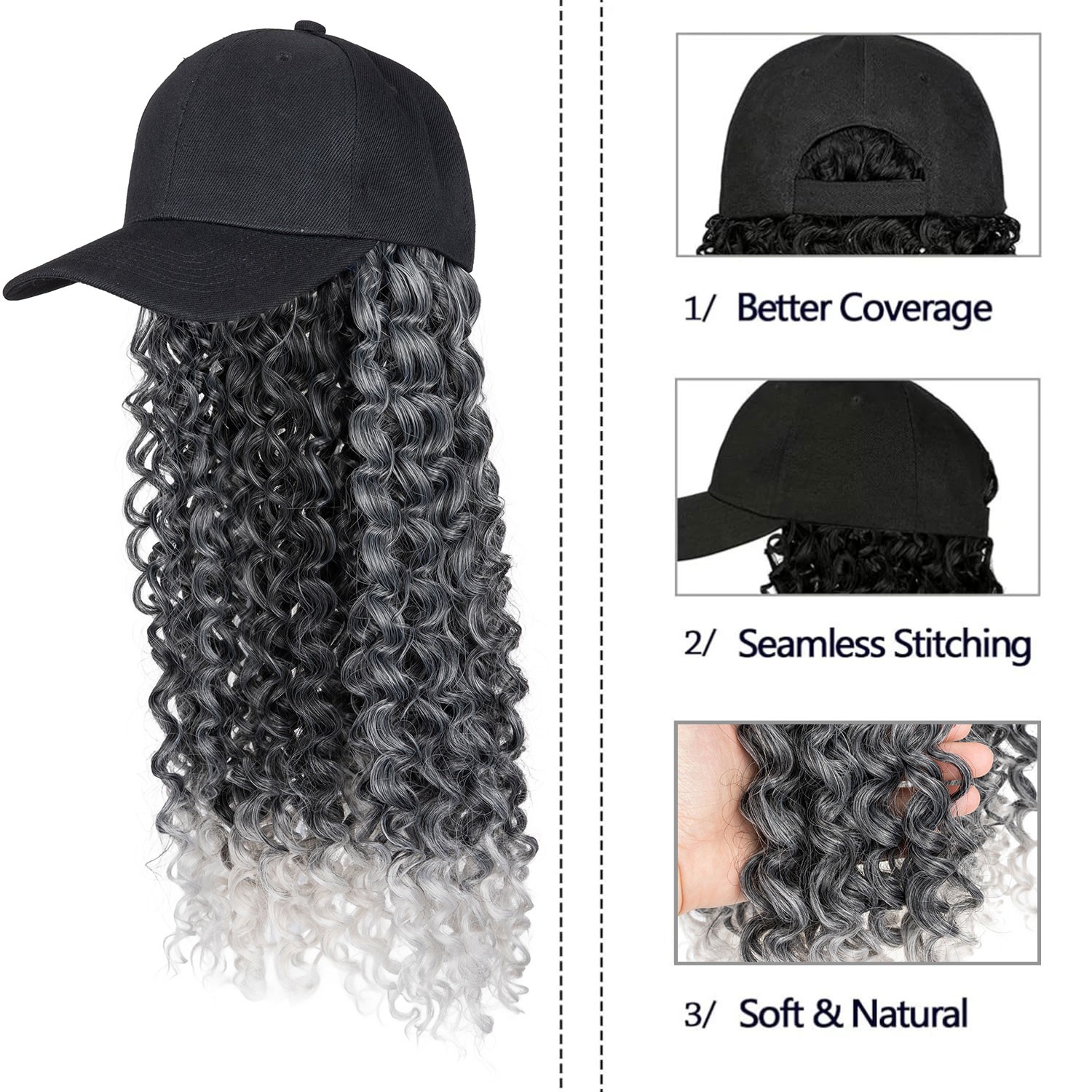 25In Women Black Baseball Cap with Hair Hat Wig Long Curly Deep Wave Hair Wig US