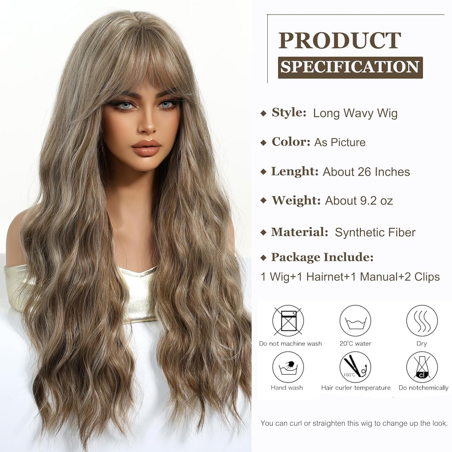 Long Wavy Ash Blonde Wigs for Women with Fringe Natural Synthetic Hair Wig fo…