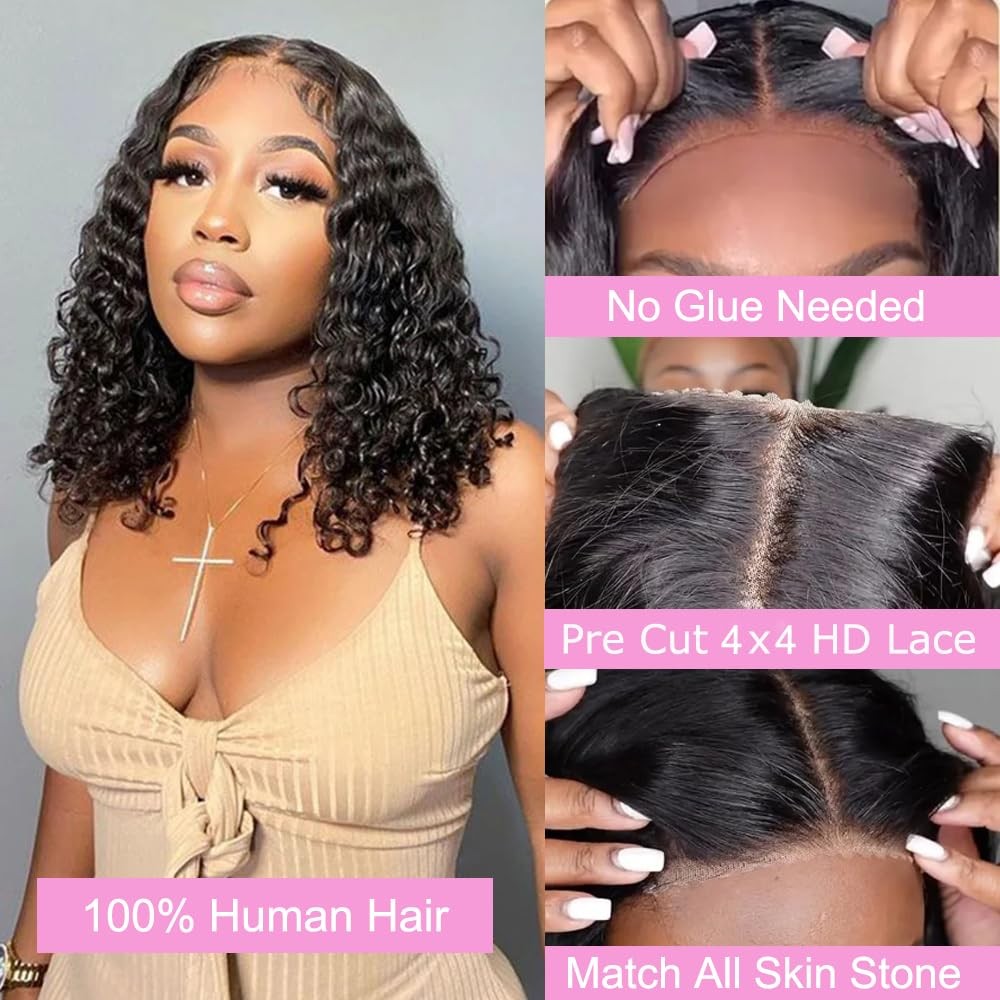 Curly Bob Wig Human Hair Water Wave 4×4 Lace Closure Glueless Wear and Go Bob…