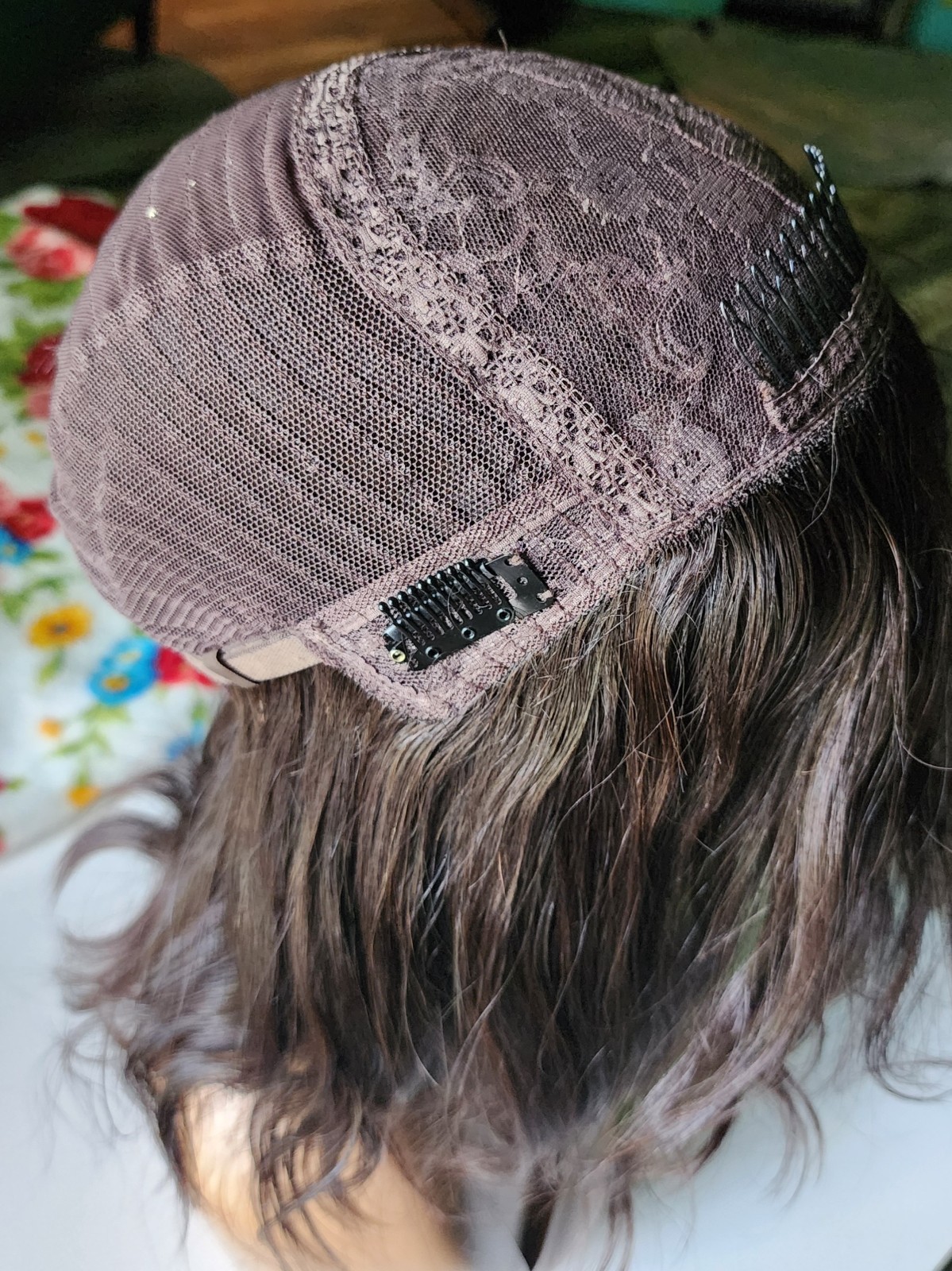 Dark Brown Wavy Layered Human Hair Wig 16 inches Medium Cap, Mono Part