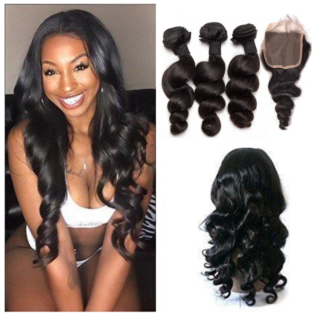Ustar Natural Black Virgin Bouncy Loose Wave 3 Bundles with 4 by 4 Lace Closure
