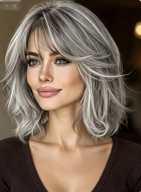 Ombre Silver Ash Gray Blended Balayage Wavy Bob 100% Human Hair Lace Front Wigs