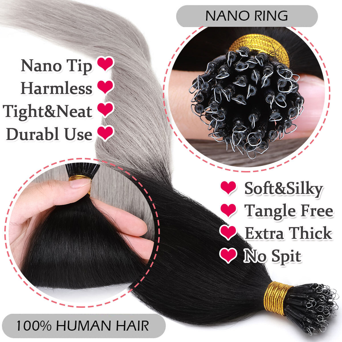Russian Remy Nano Ring Tips Human Hair Extensions Thick 200S Full Head Highlight