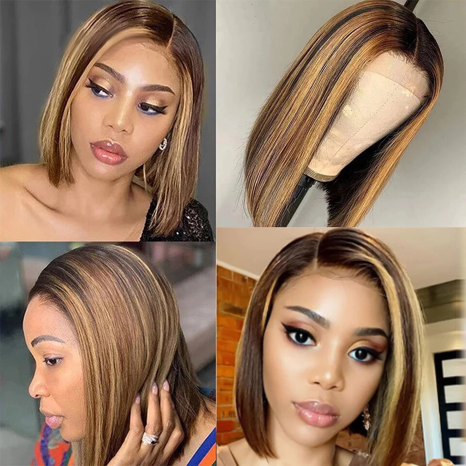 Shrot Straight Brown Blonde 4X4 Closure Lace Front Remy 100% Real Human Hair Wig