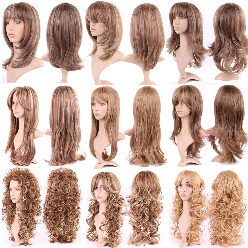 Women Ladies Brown Blonde Wig Long Hair Curly Straight Bangs Full Wigs Glueless