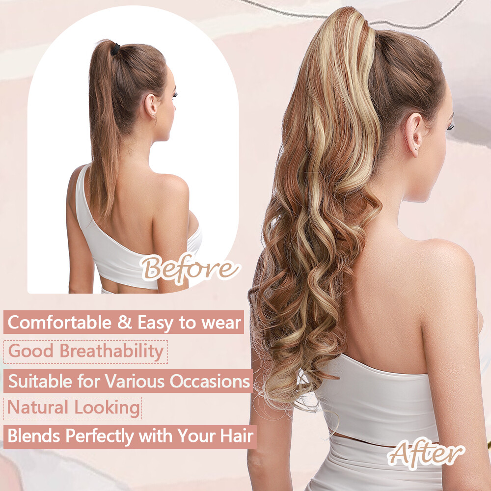 Claw Ponytail Long Curly Pony Tails Clip In Hair Extension Brown Highlight Thick