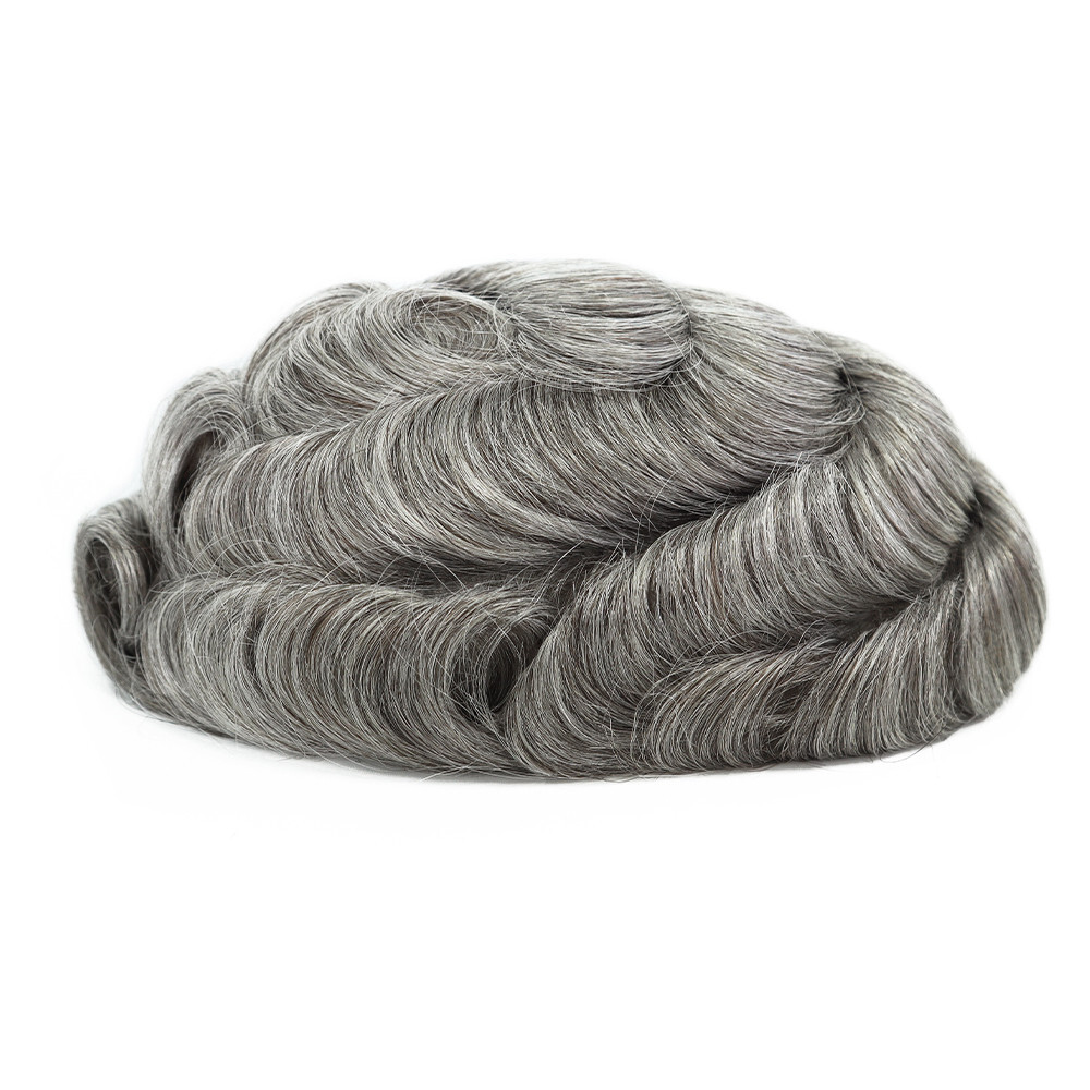 Toupee For Men Human Super Thin Skin V Looped Men Hairpiece Wig Black Grey #565