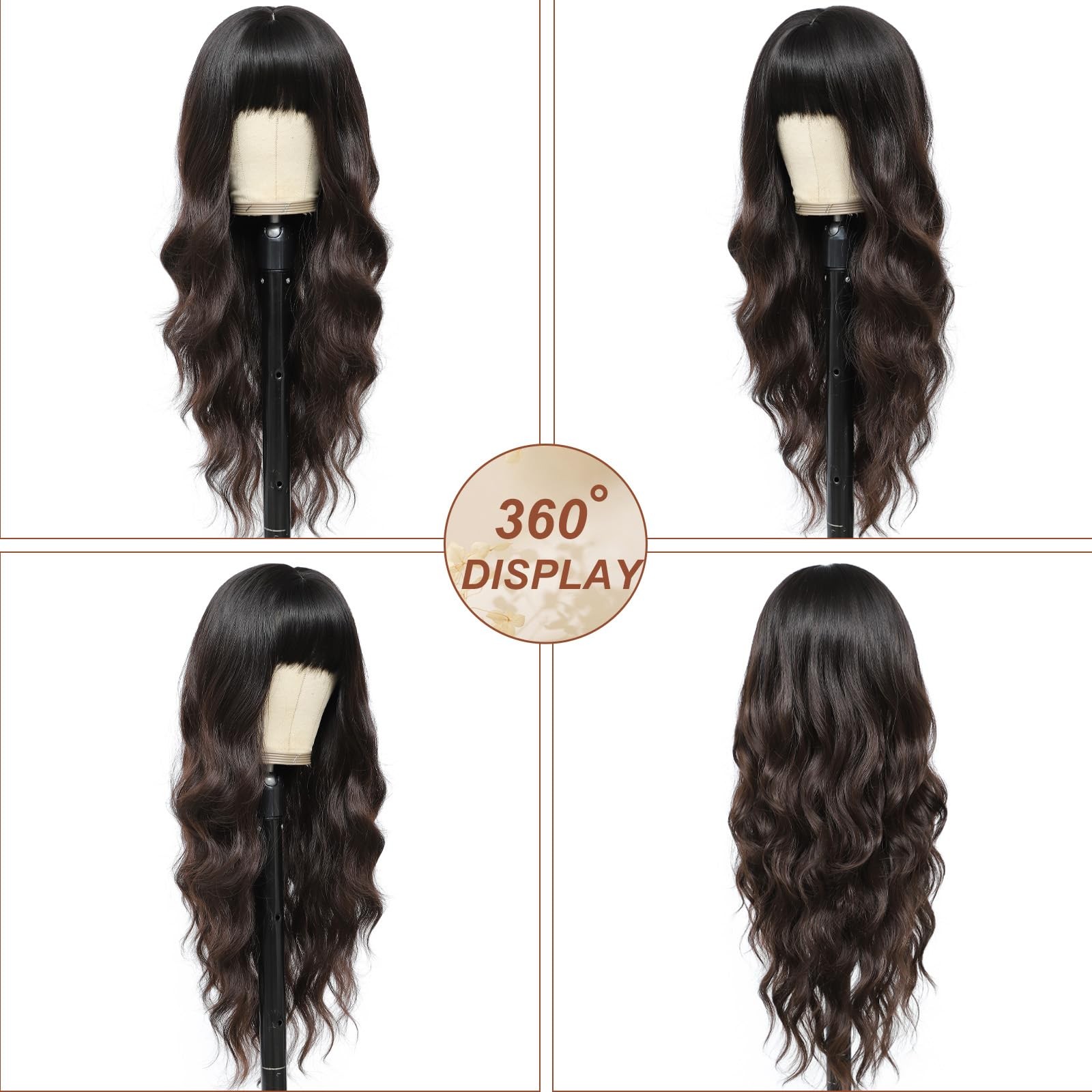 Brown Wig with Bangs for Women Long Brown Wavy Wigs 26 Inch Dark Brown Wigs N…