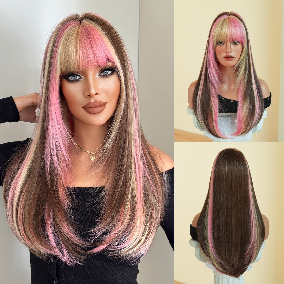 Long straight hair multi-layered fringe with fluffy synthetic heat-resistant fib