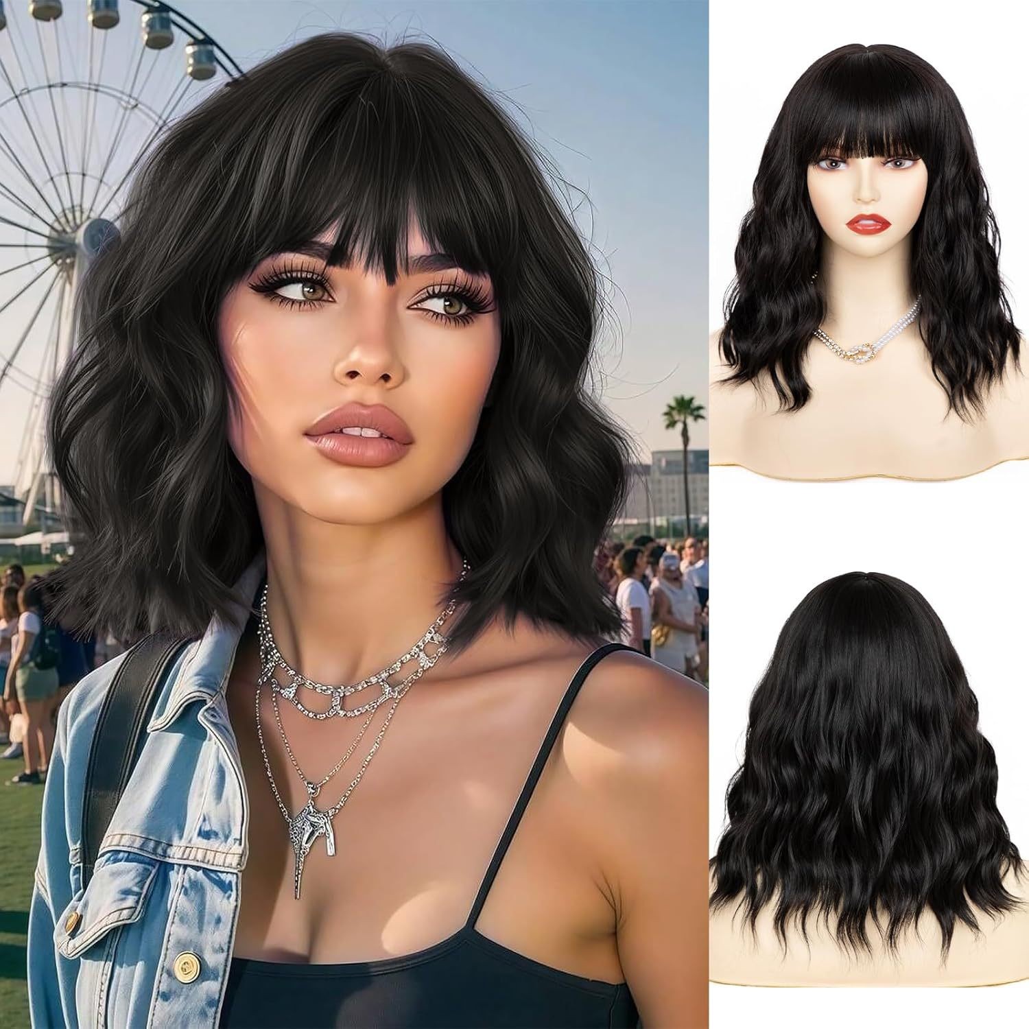 Brown Short Water Wave Curly Wig for Women Synthetic Natural Heat Resistant