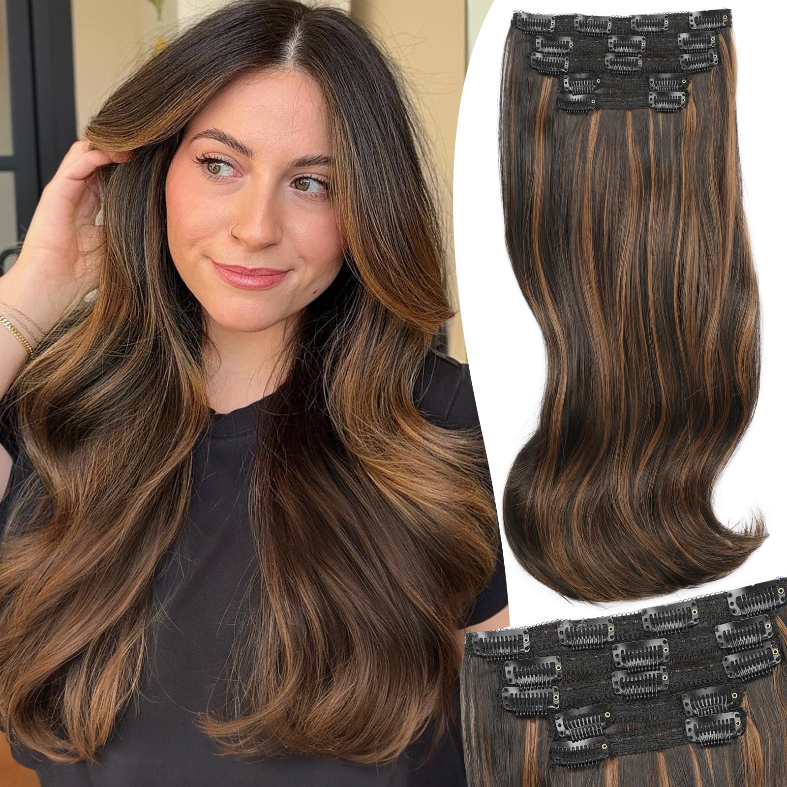 Clip in Synthetic Hair Extensions Layered Long Wavy 5PCS Thick Hairpieces Dar…