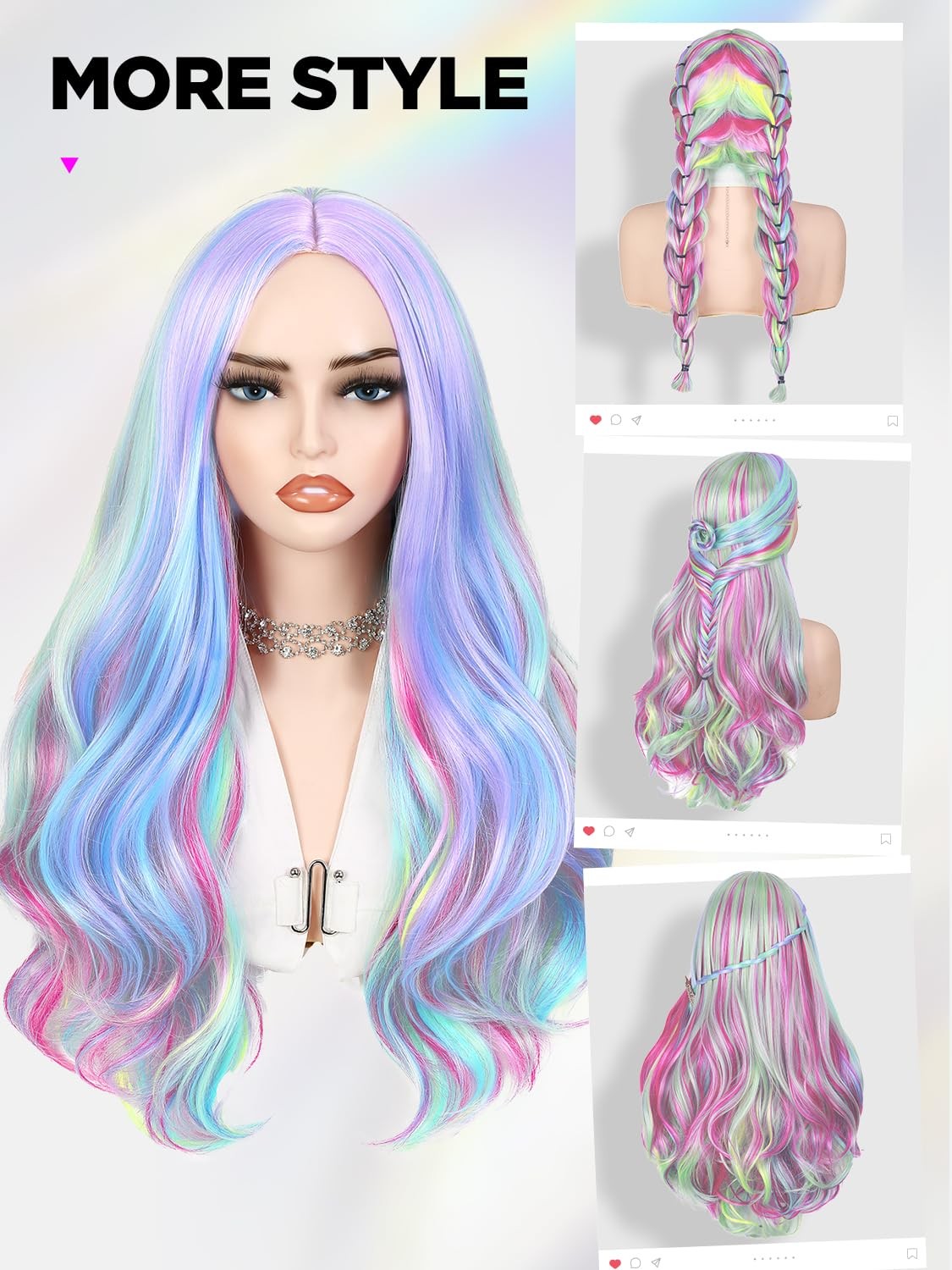 Long Rainbow Color Wavy Hair Dreamy Unicorn Color Wigs Multi-Color Pastel Col…
