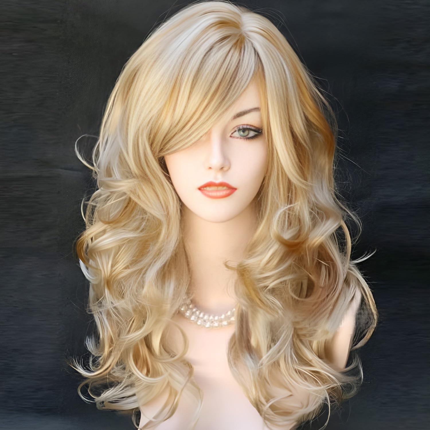 23inch Blonde Wig With Bangs Long Wavy Blonde Curly Wigs for Women Synthetic