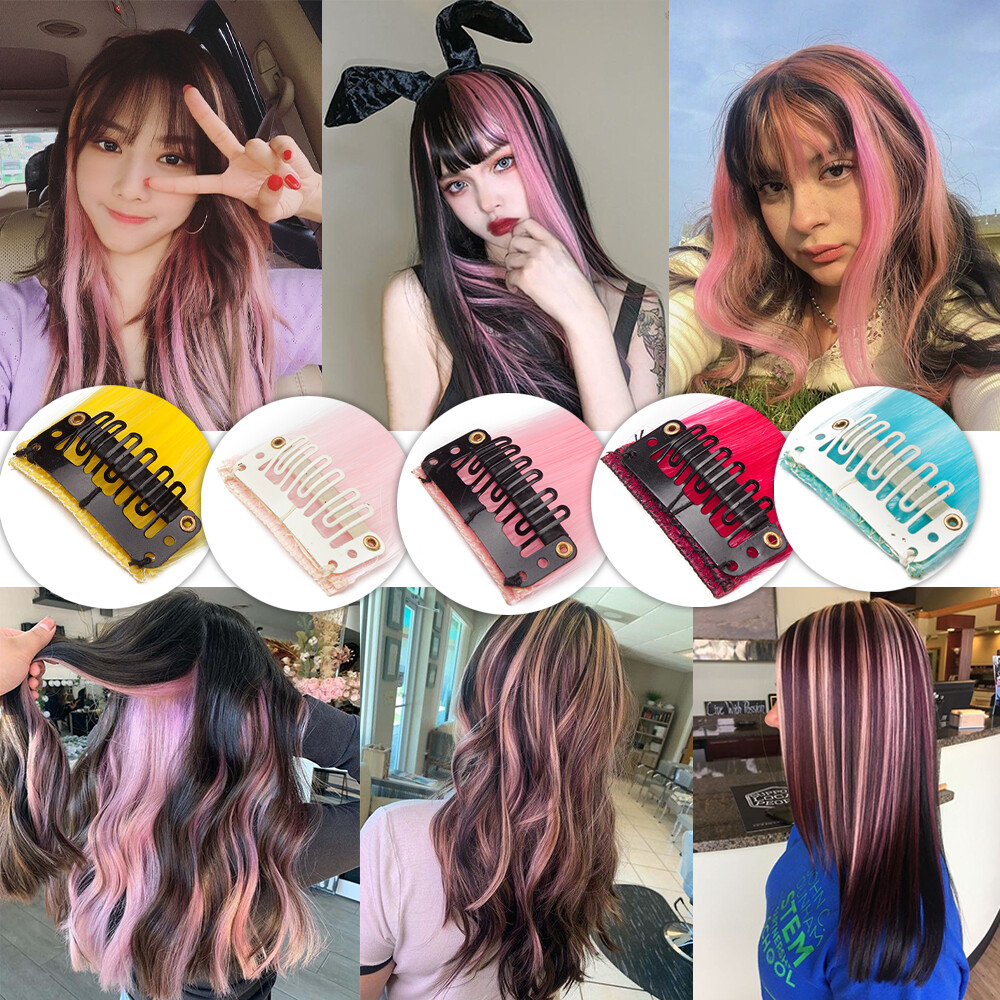 10pcs as human Hair Multi Color Clip In Hair Extensions Rainbow Streak Hair Fake