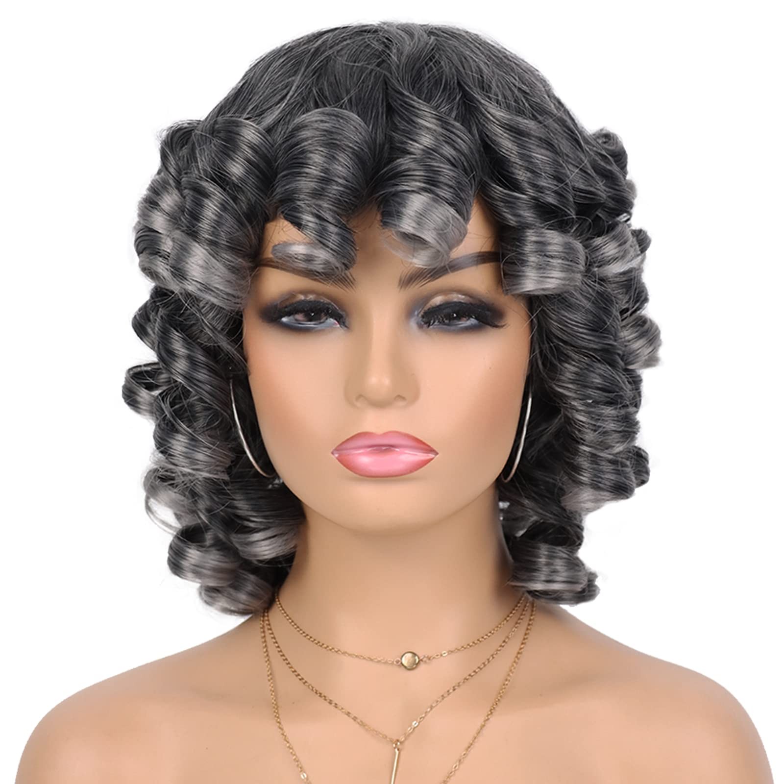 Grey Curly Wig with Bangs for Black Women Glueless Wear and Go Wig Afro Curly…
