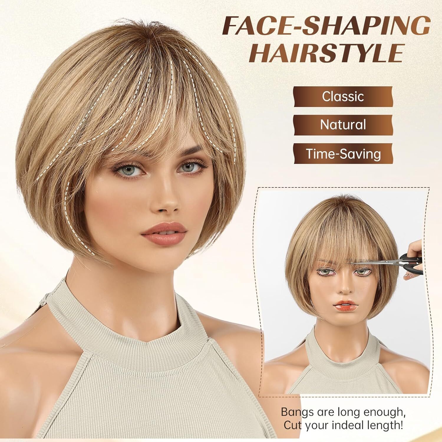 Ombre Ash Blonde Wigs Human Hair for White Women with Bangs Glueless Bob Wigs