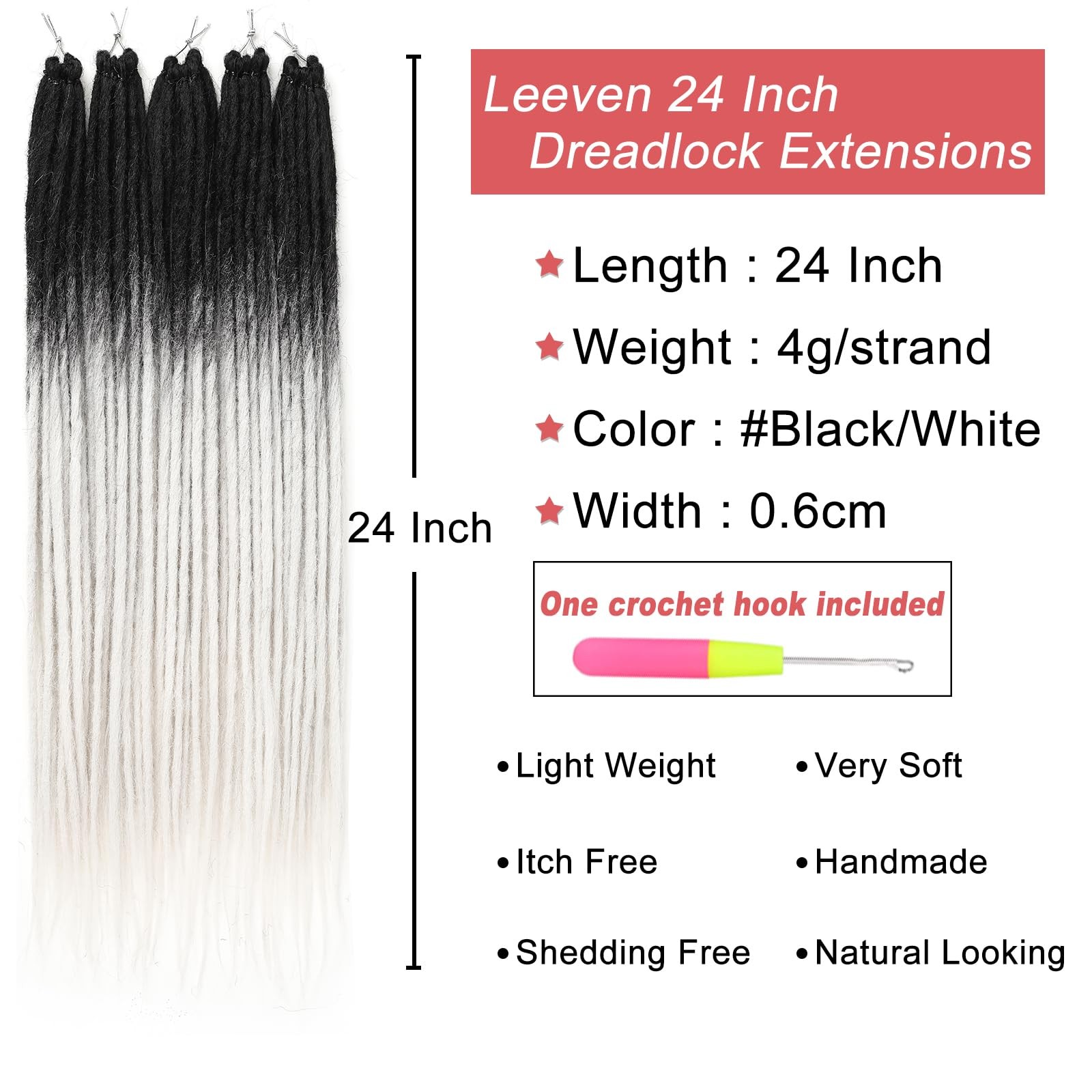 Leeven 40 Strands Synthetic Dreadlock 24 Inch(40 Strands), Black to White