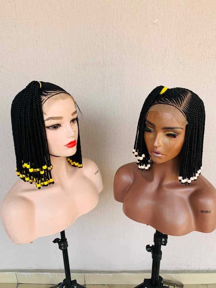Braided Wig Beaded Short Bob Multi-Color Synthetic Free-Part for Women