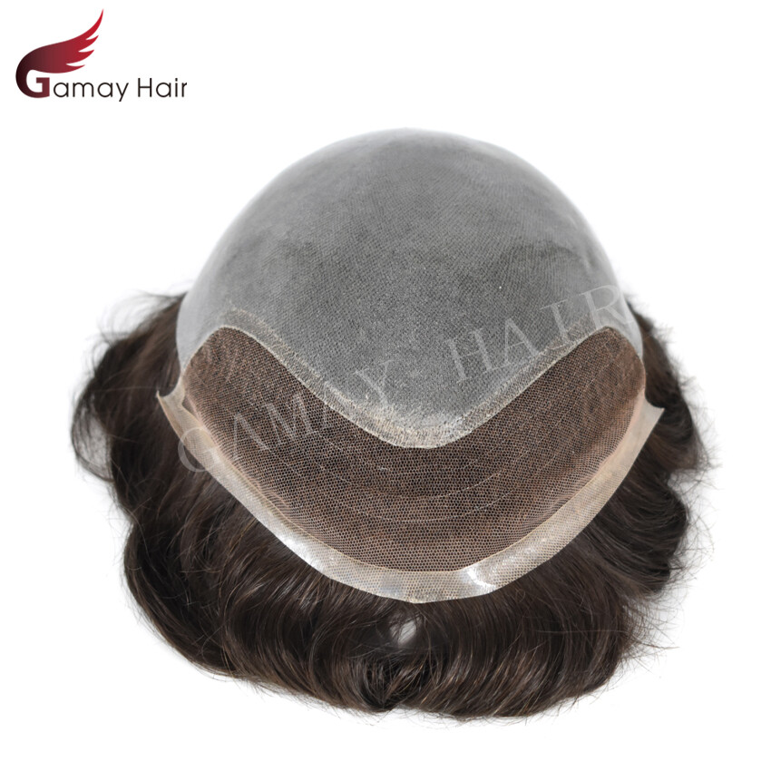 Mens Toupee French Lace Front Hairpieces Poly Skin PU Human Hair Systems for Men