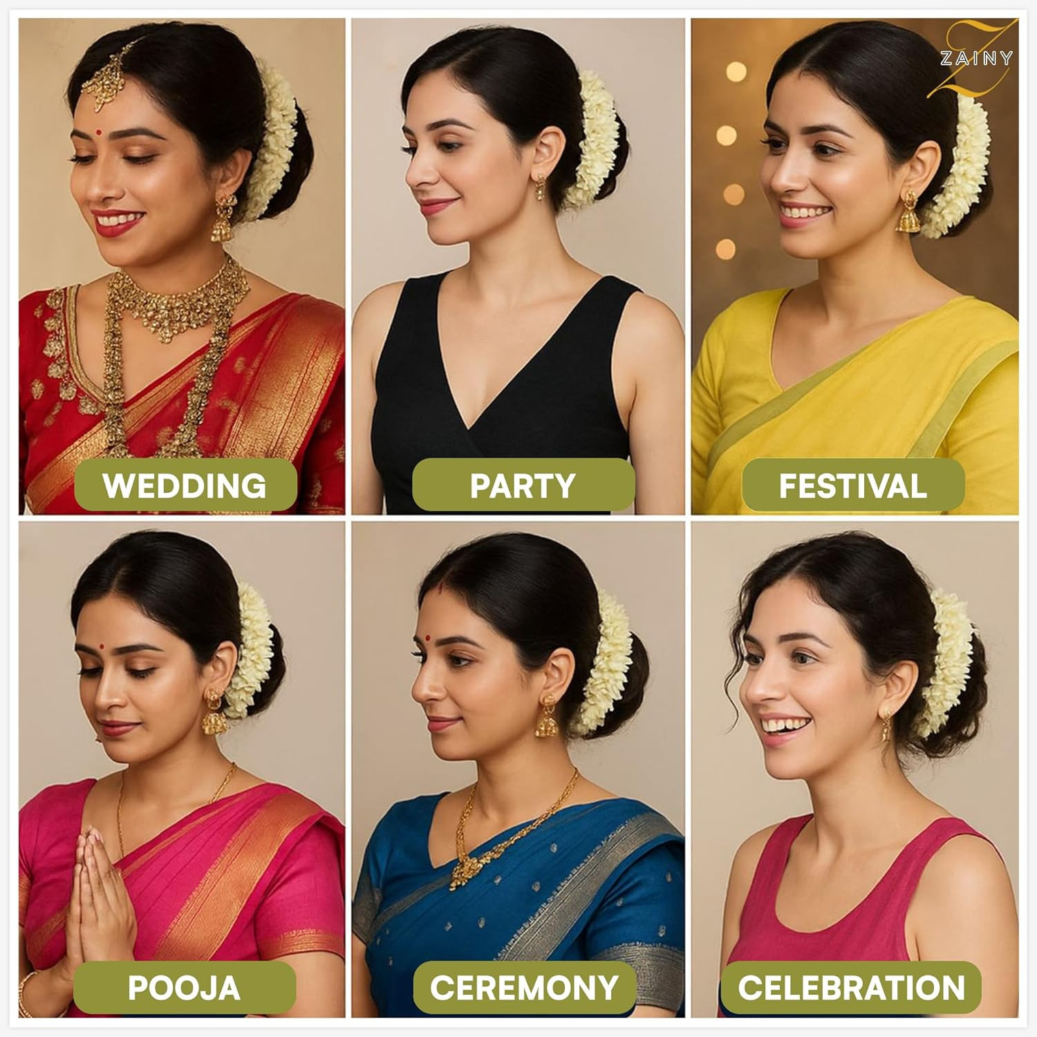 ZAINY 6 Pack Mogra Gajra for Hair Indian Bun, Artificial Fabric Jasmine Flowers