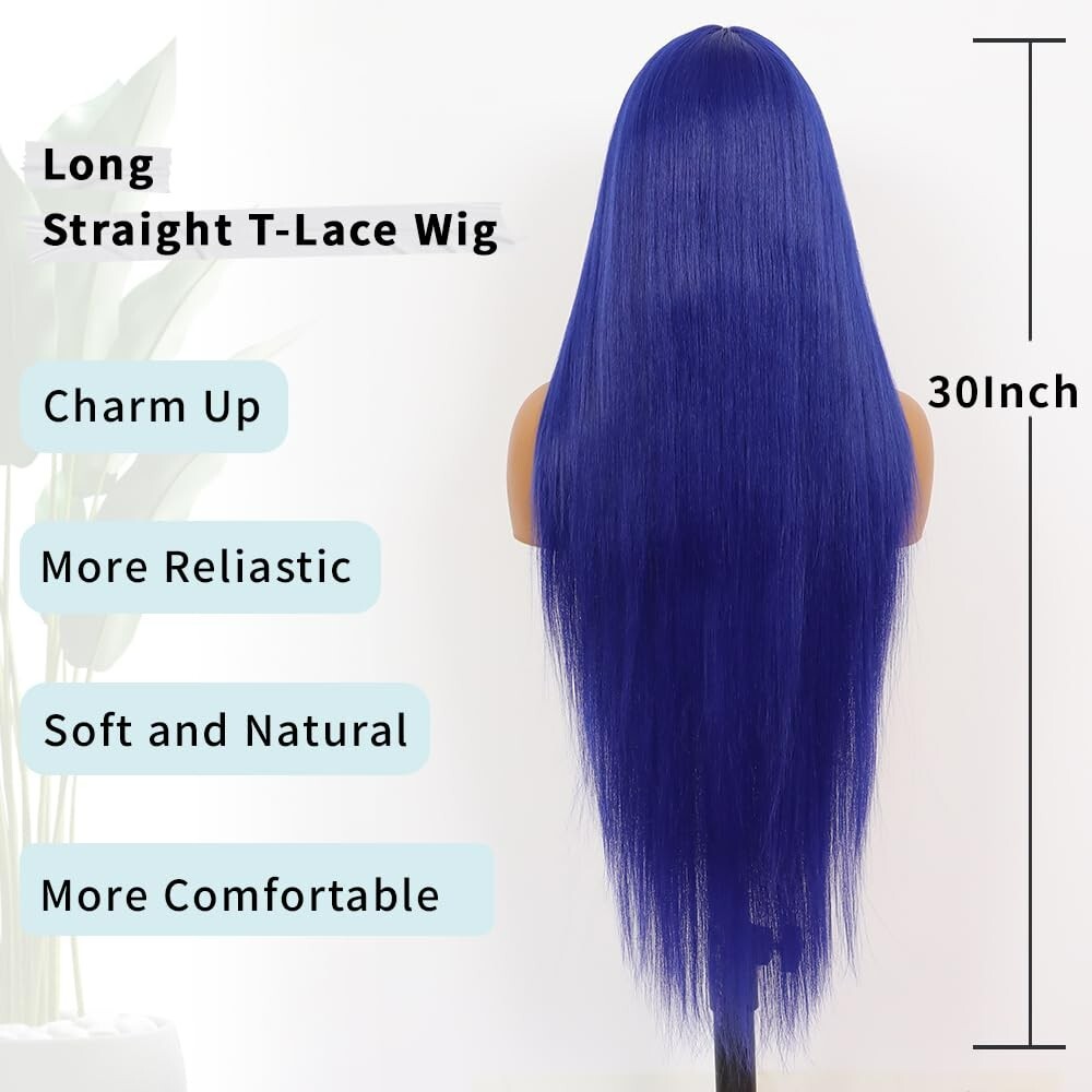 Long Straight Lace Front Wigs Blue Hair Synthetic Fiber Wig Party Heat Safe Soft