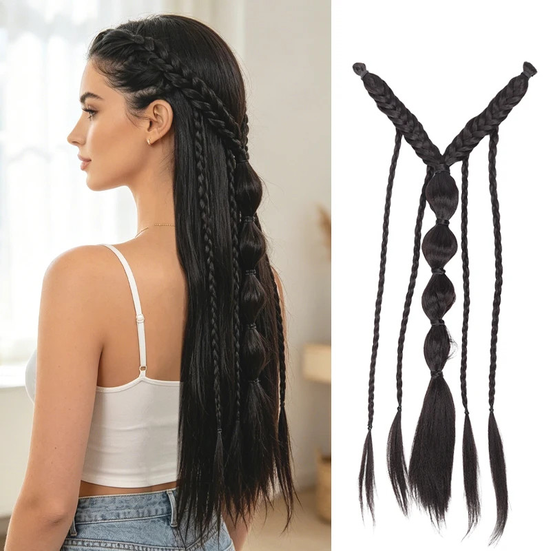 Women Elf Style Braided Half Head Hair Extensions Synthetic Fiber with BB Clips