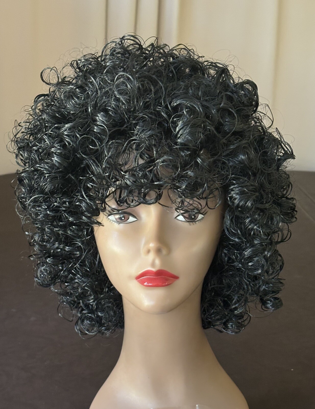 Black Synthetic Wig Mid-Length Curly Net Cap Adjustable Clean GUC 7-1
