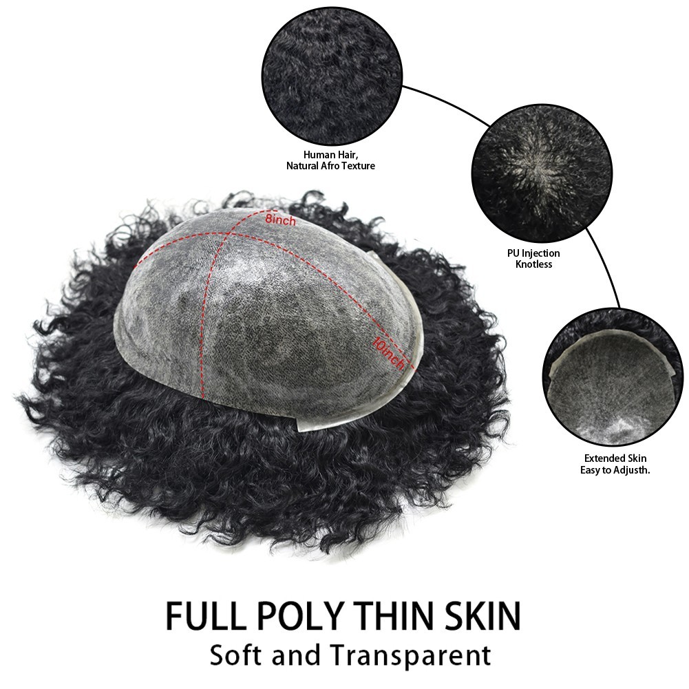 Afro Toupee for Black Men All PU African American Mens Toupee Black Hair Piece