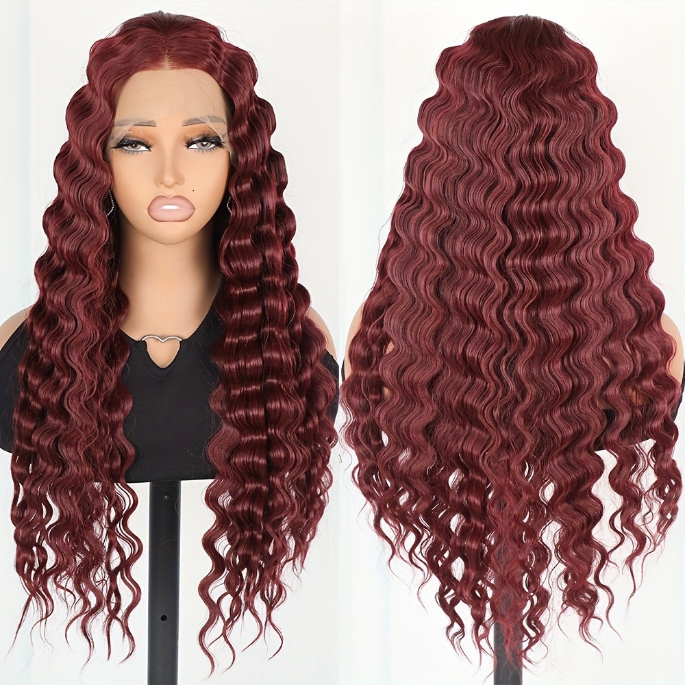 13×4 Deep Wave Lace Front Wigs Wine Red Color Women Long Curly Hair Pre Plucked