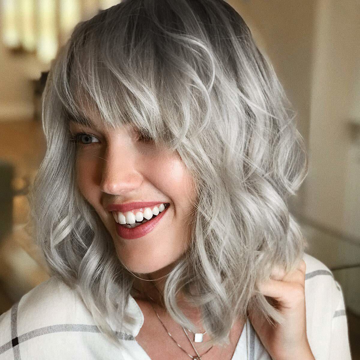 Short Bob Curly Wavy Wig With Bangs Ombre Grey Human Hair No Lace Front Wigs