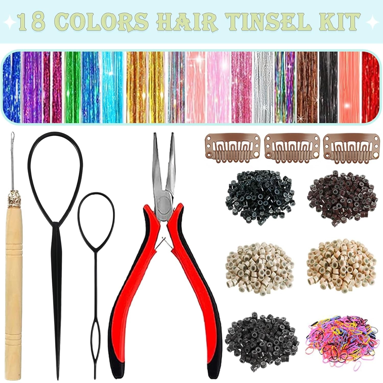 Hair Tinsel,18 Colors Hair Tinsel Kit for Girls 7600 Strands Fairy Tinsel Hair E