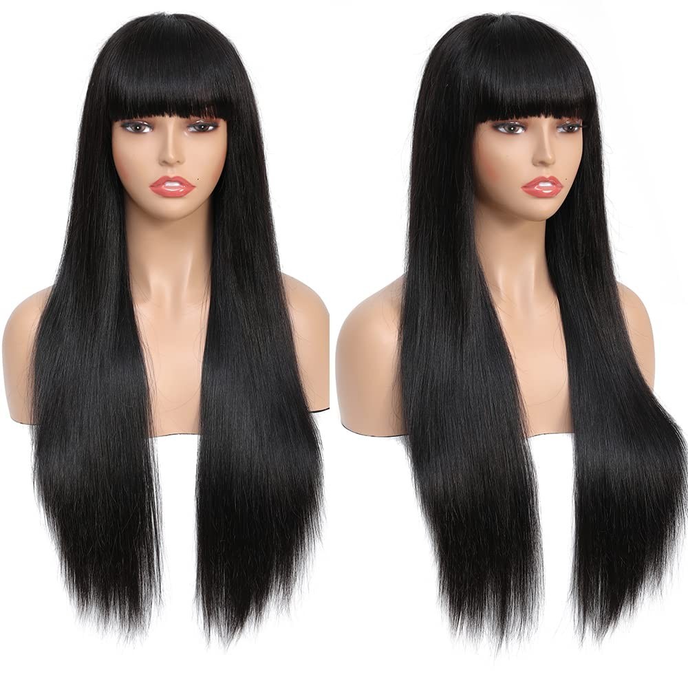 Long Straight Wig with Bangs Human Hair Wigs Glueless Machine Made Wig with Bang