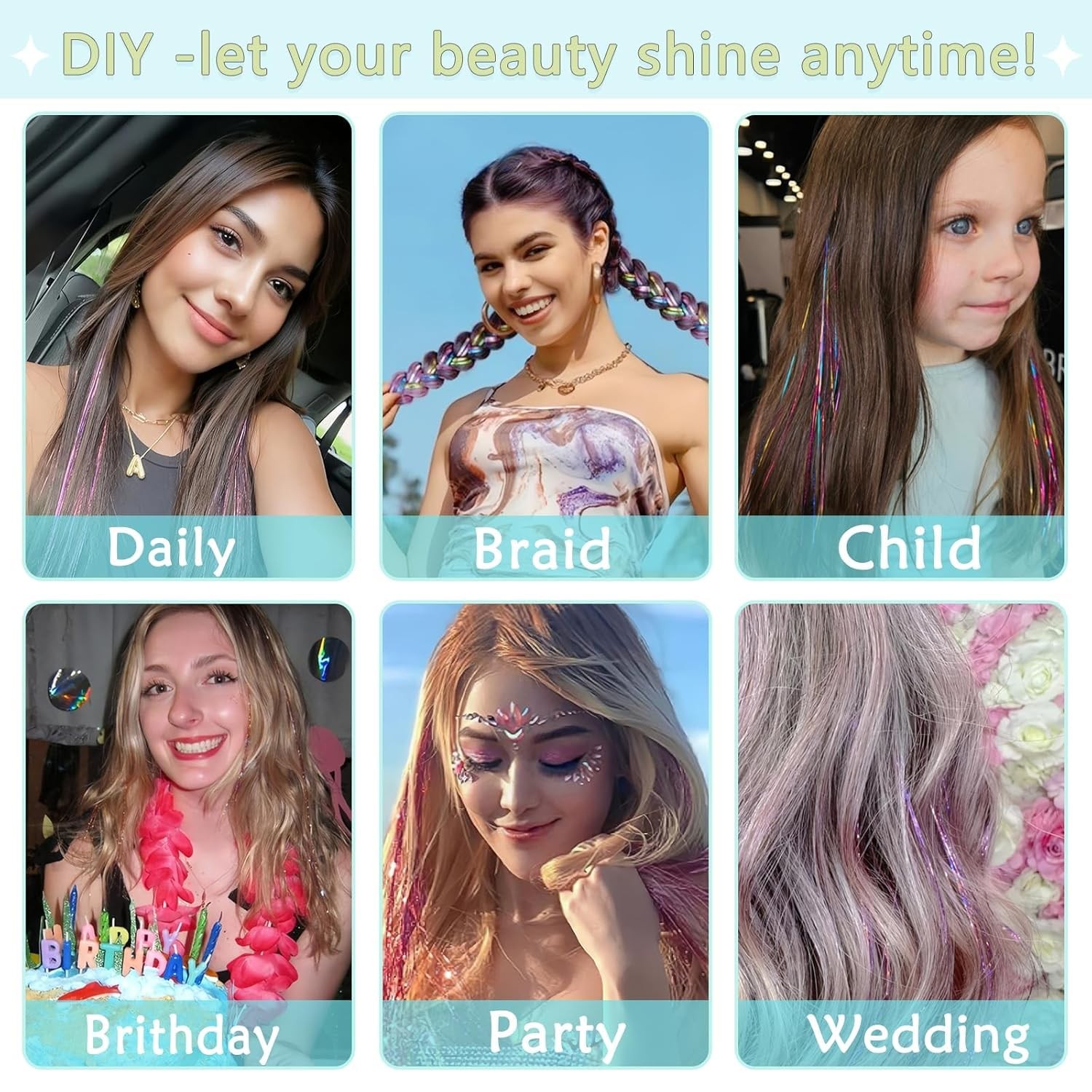Hair Tinsel,18 Colors Hair Tinsel Kit for Girls 7600 Strands Fairy Tinsel Hair E