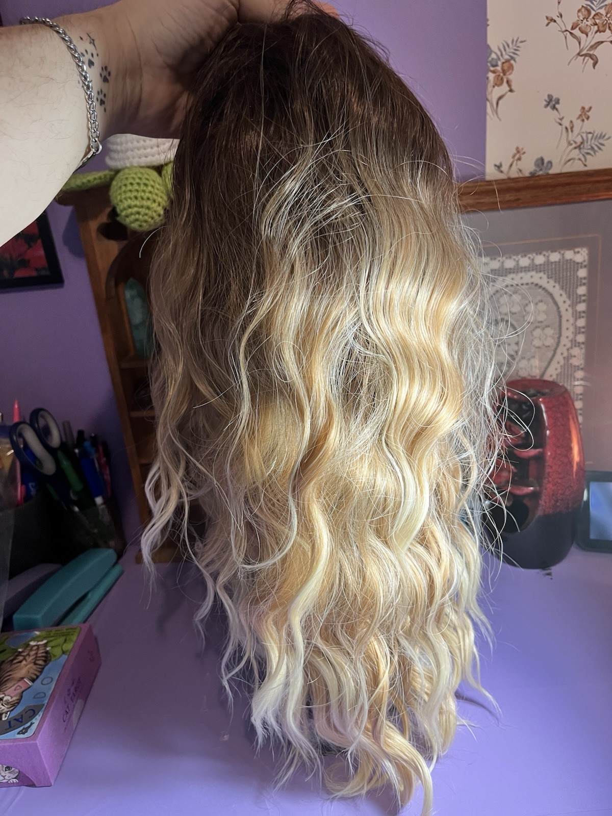 Wavy Ombré Blonde Wig w/ Dark Roots Clip-In Classic Cap Synthetic 21-30in